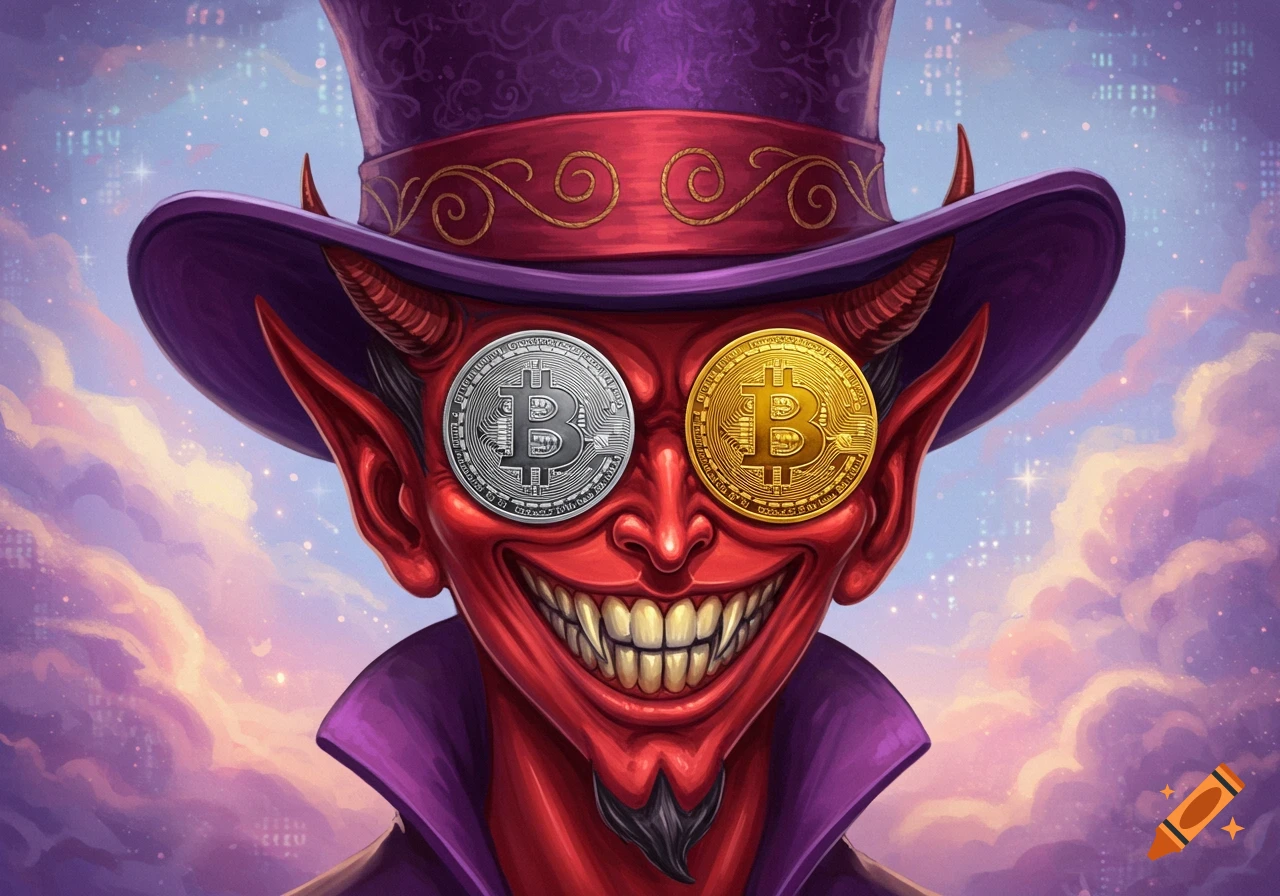 A stylized red devil in a purple top hat with Bitcoin coins for eyes, grinning, against a city skyline at dusk.