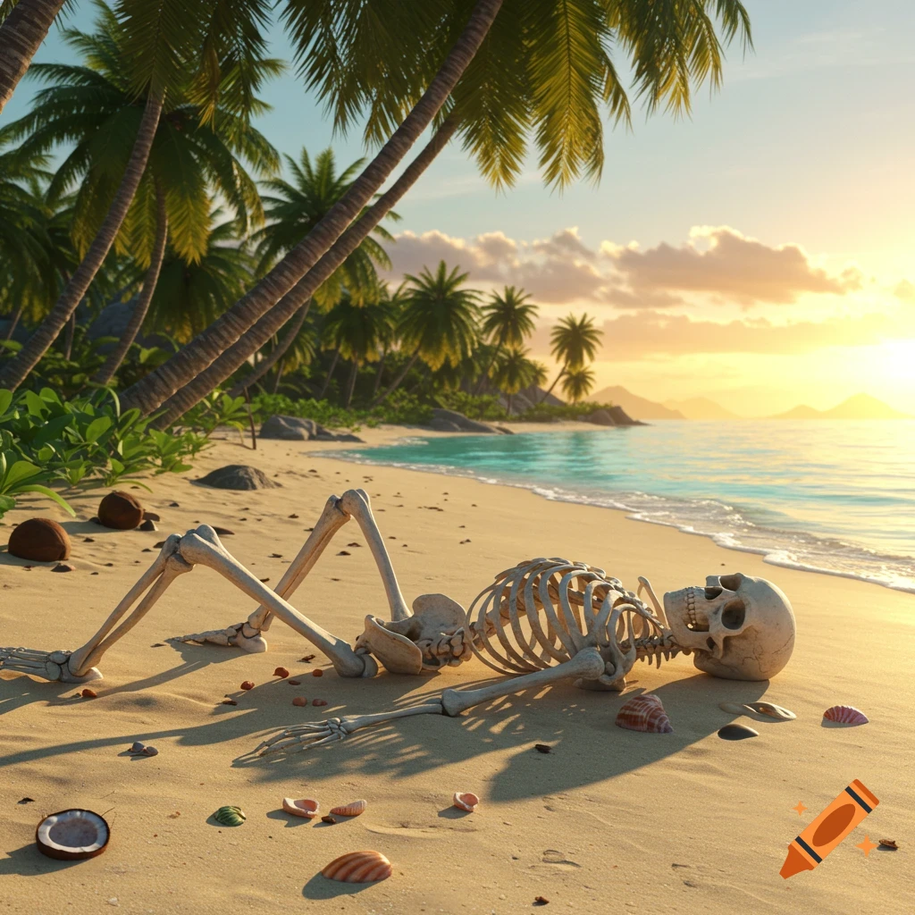 A realistic skeleton lies on a sunny tropical beach with palm trees and the ocean in the background.