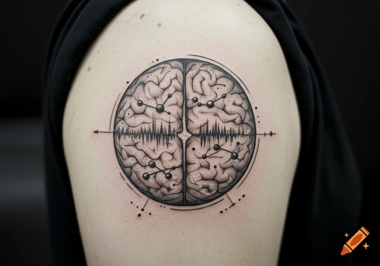 A black and grey tattoo of a stylized brain with abstract connections and wave patterns on a person's upper arm.
