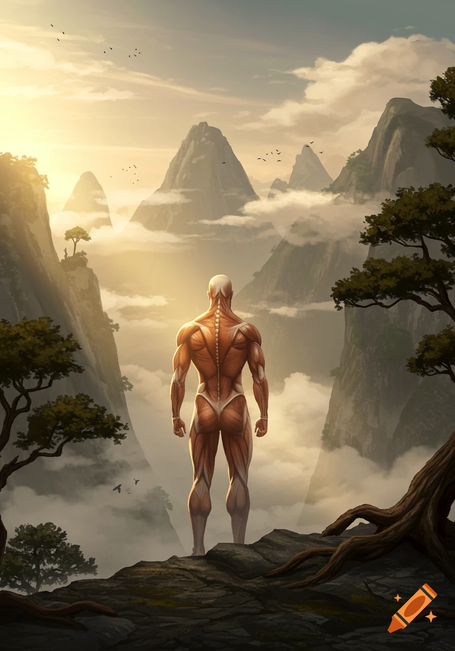 A muscled anatomical figure stands on a cliff, overlooking a misty mountain range at sunrise in a fantasy art style.