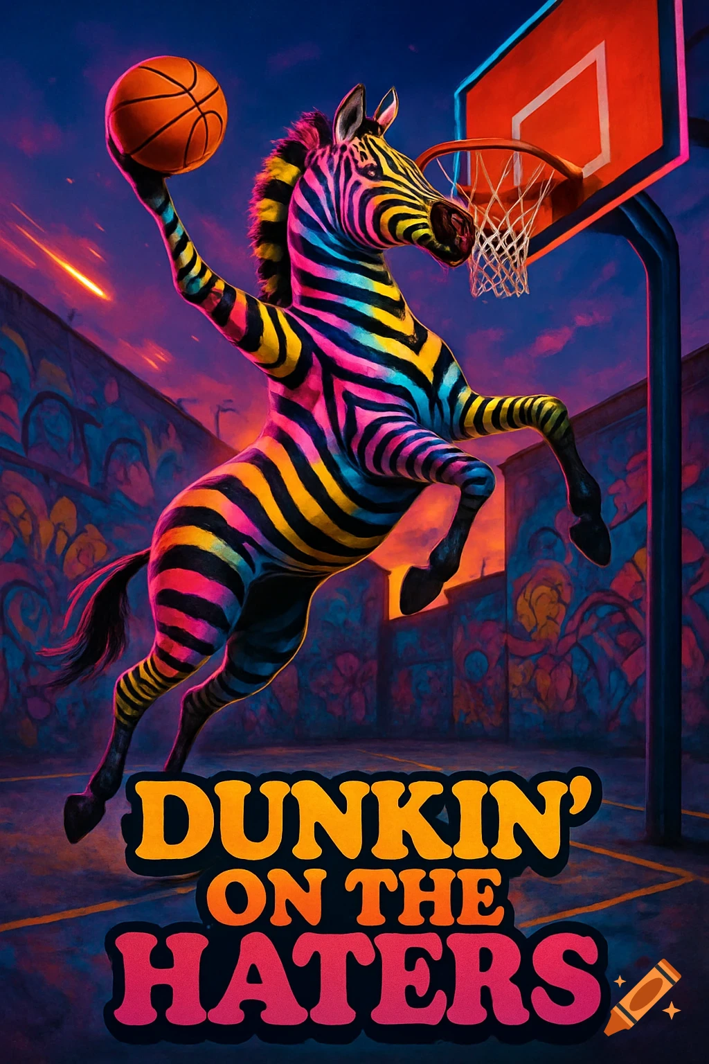 Vibrant, neon-striped zebra dunking a basketball on a graffiti court with 'Dunkin' on the Haters' text.