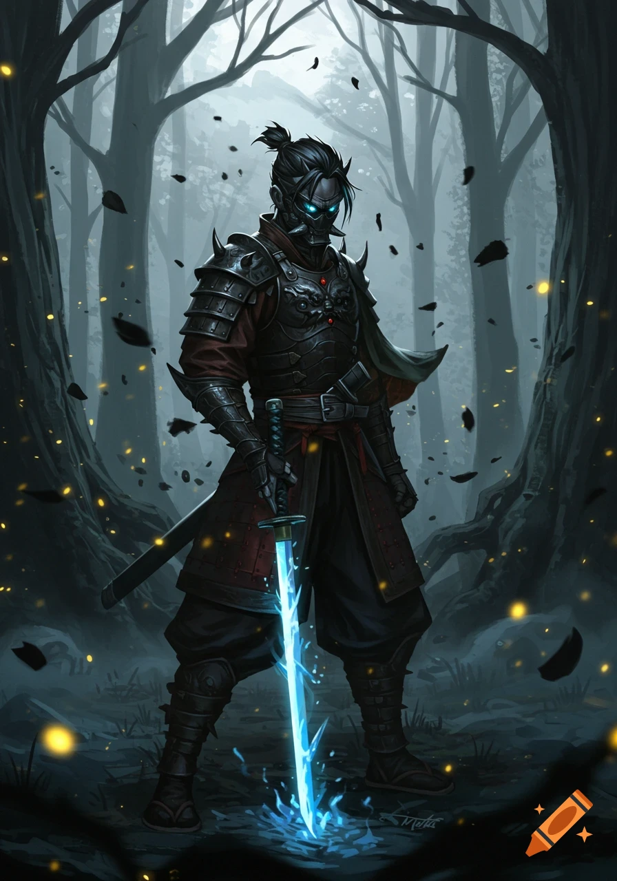A dark armored samurai with glowing blue eyes stands in a misty forest, holding a glowing blue sword. Golden embers float around.