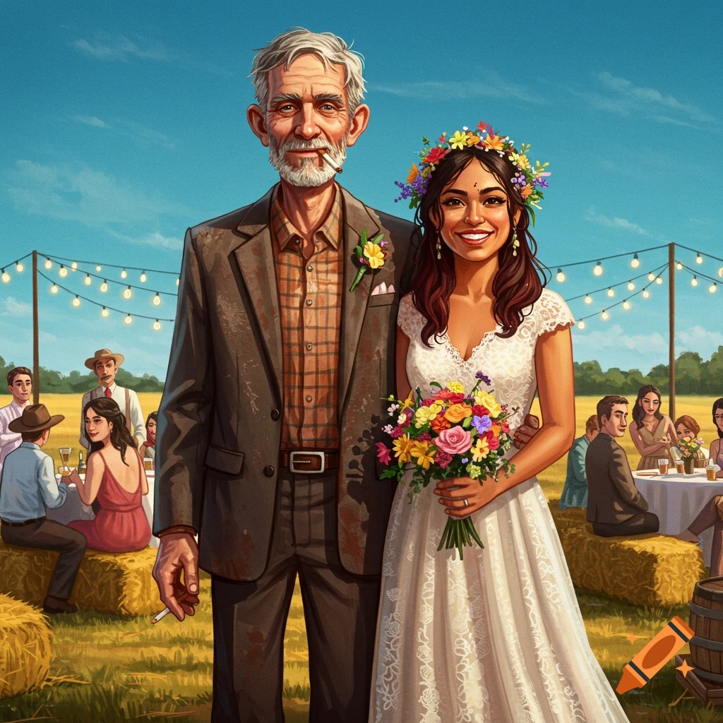 An illustrated outdoor wedding scene with a gray-haired man holding a cigarette and a woman in a white dress holding a bouquet.