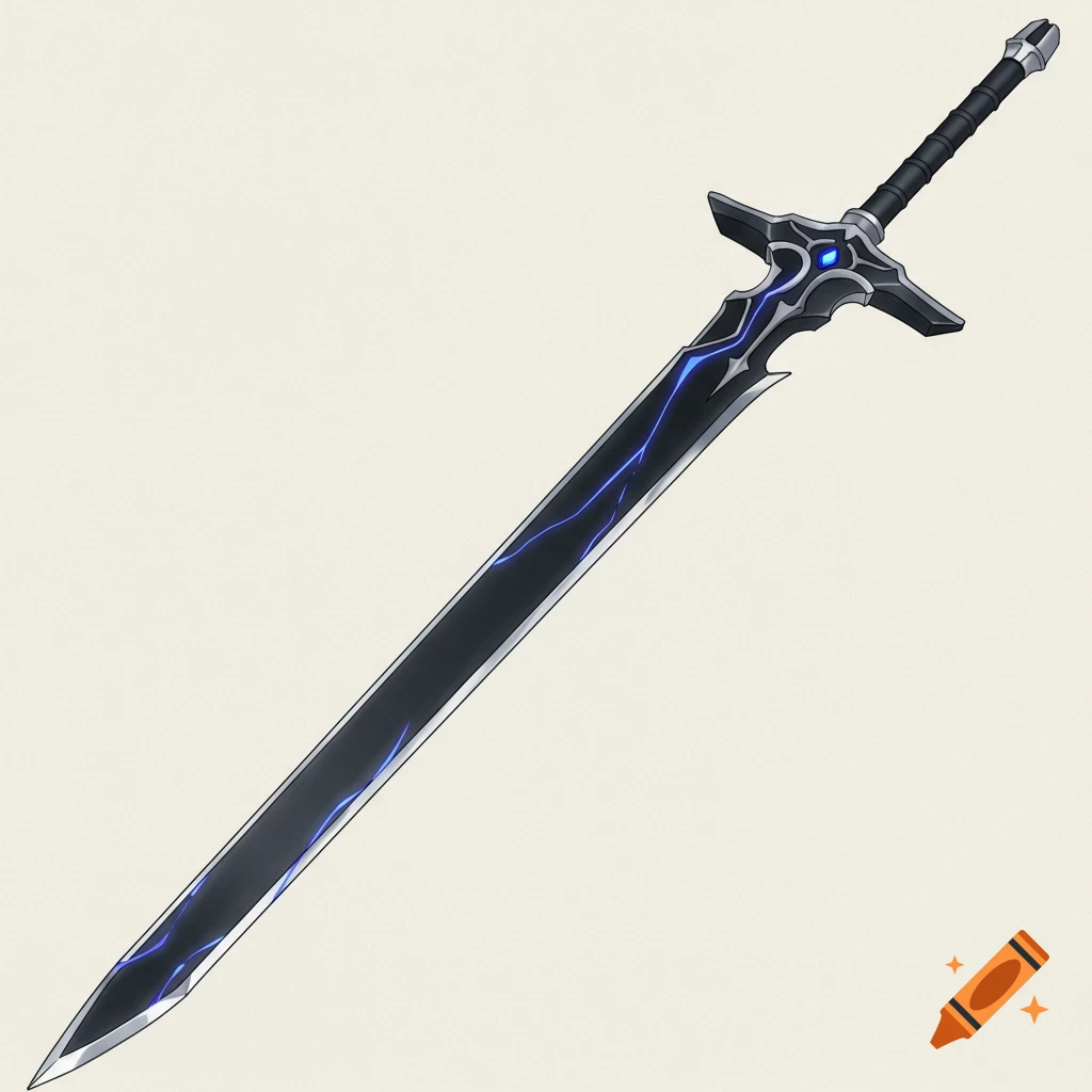 An anime-style matte black longsword with silver edges and blue lightning patterns, featuring an asymmetrical crossguard and a black grip.