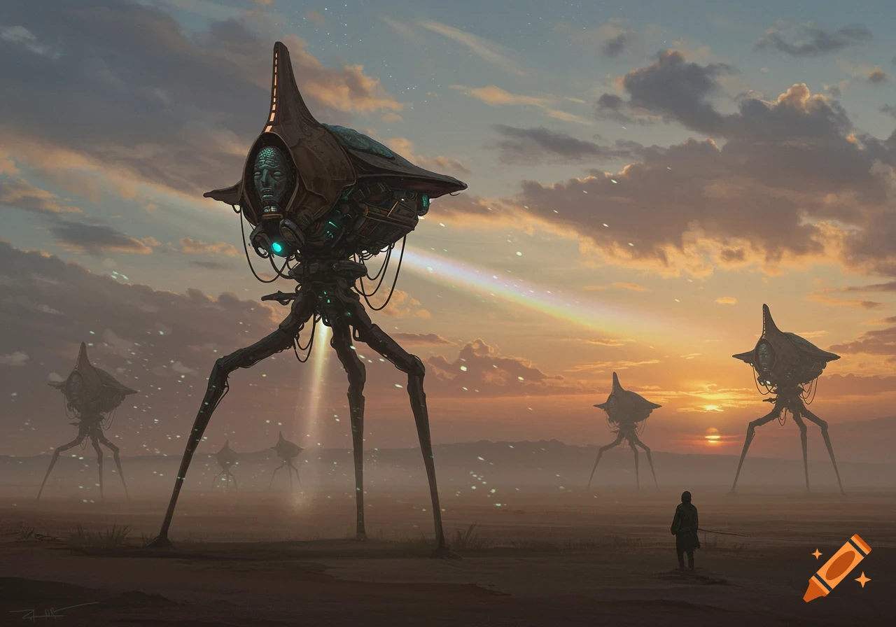 Digital painting of towering, insect-like alien constructs in a desert landscape at sunset, with a person standing alone.