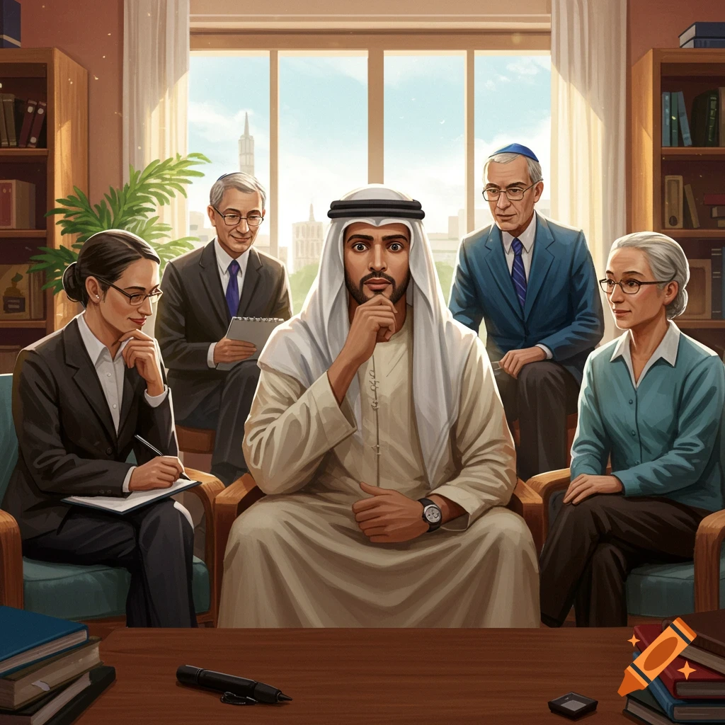 A group of diverse people, including an Arab man and a man wearing a kippah, sit around a table in a meeting room with bookshelves.