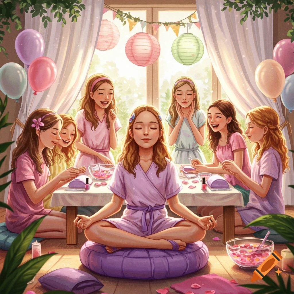 Group of young girls having a spa day, with one girl meditating while others do manicures in a brightly lit room with balloons and lanterns.