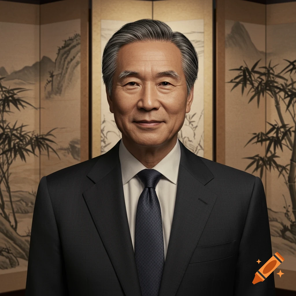 A smiling older Asian man in a dark suit and tie, standing in front of traditional screens with landscape paintings.