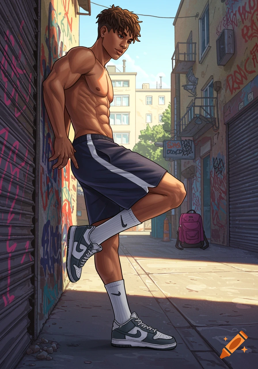 Muscular teenage boy shirtless in dark shorts and Nike sneakers, leaning against a graffiti-covered wall in an urban alleyway.