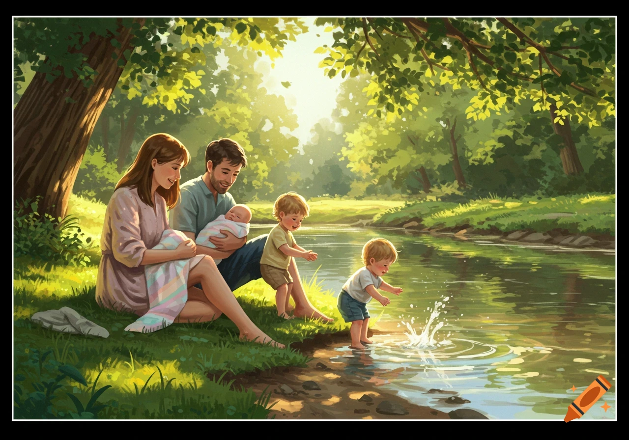 Illustrated family by a sunny river: parents with an infant, one child splashes in water, another stands nearby.