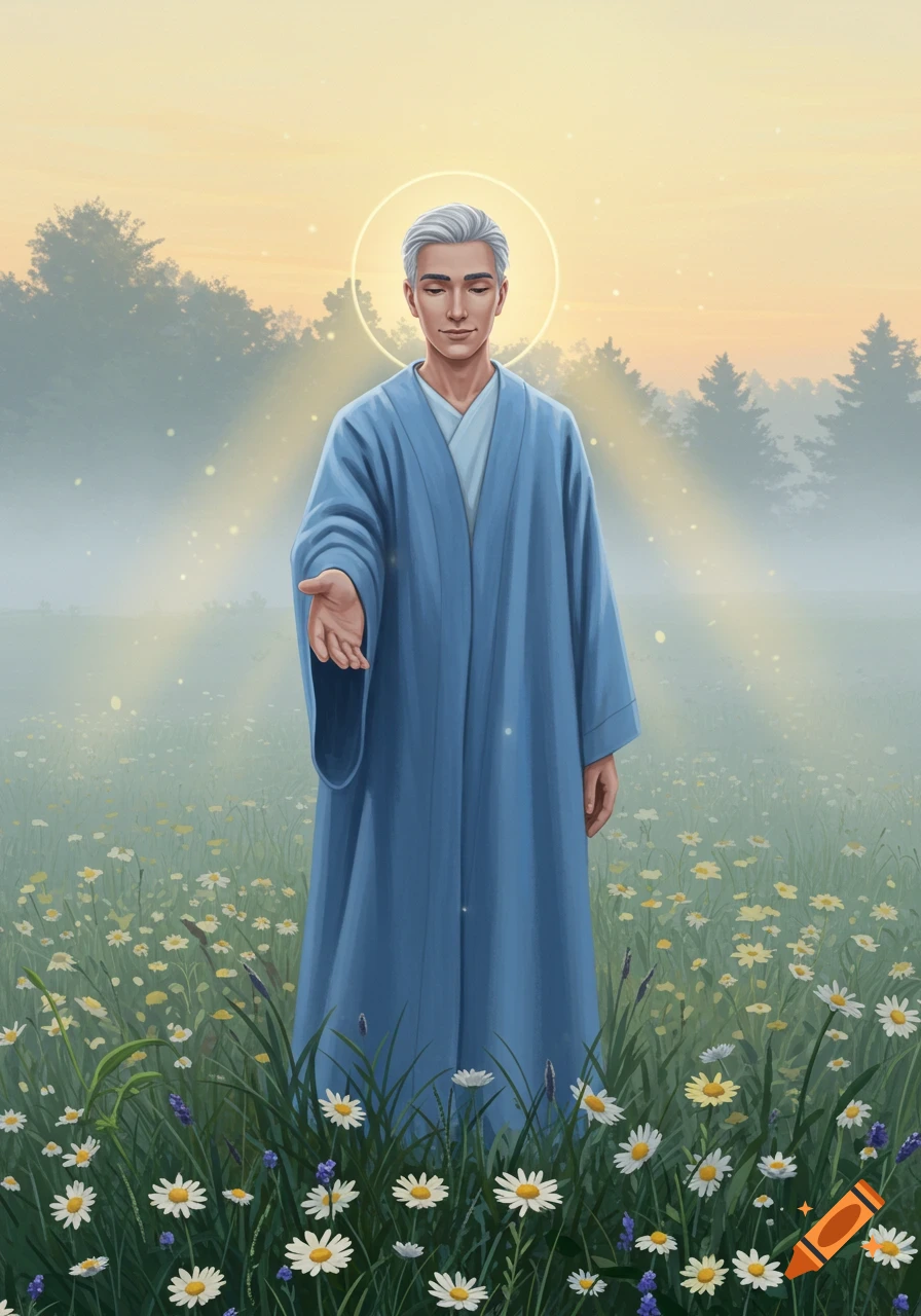 Illustrated man with a halo in a blue robe, extending a hand in a field of daisies at sunrise.
