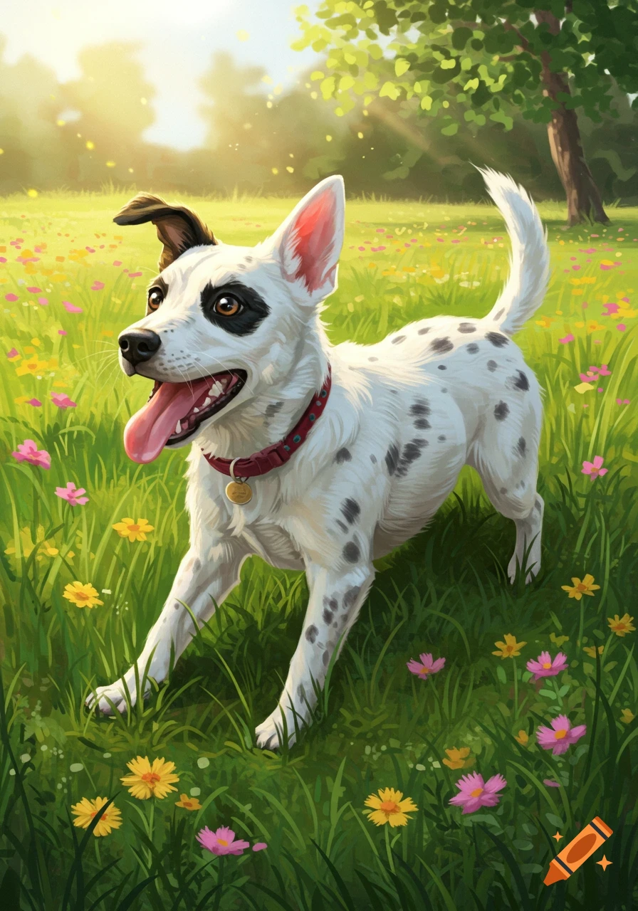 A happy white dog with black spots and a red collar runs through a sunny green field filled with colorful flowers in a painterly style.