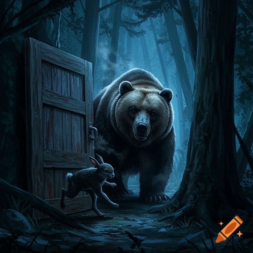 A large bear emerges from behind a wooden door in a dark, moonlit forest as a small rabbit scurries away.