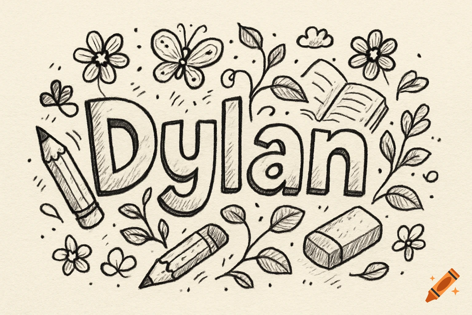 A pen drawing illustration of the name "Dylan" in bold letters, surrounded by cartoon-style school and nature doodles.