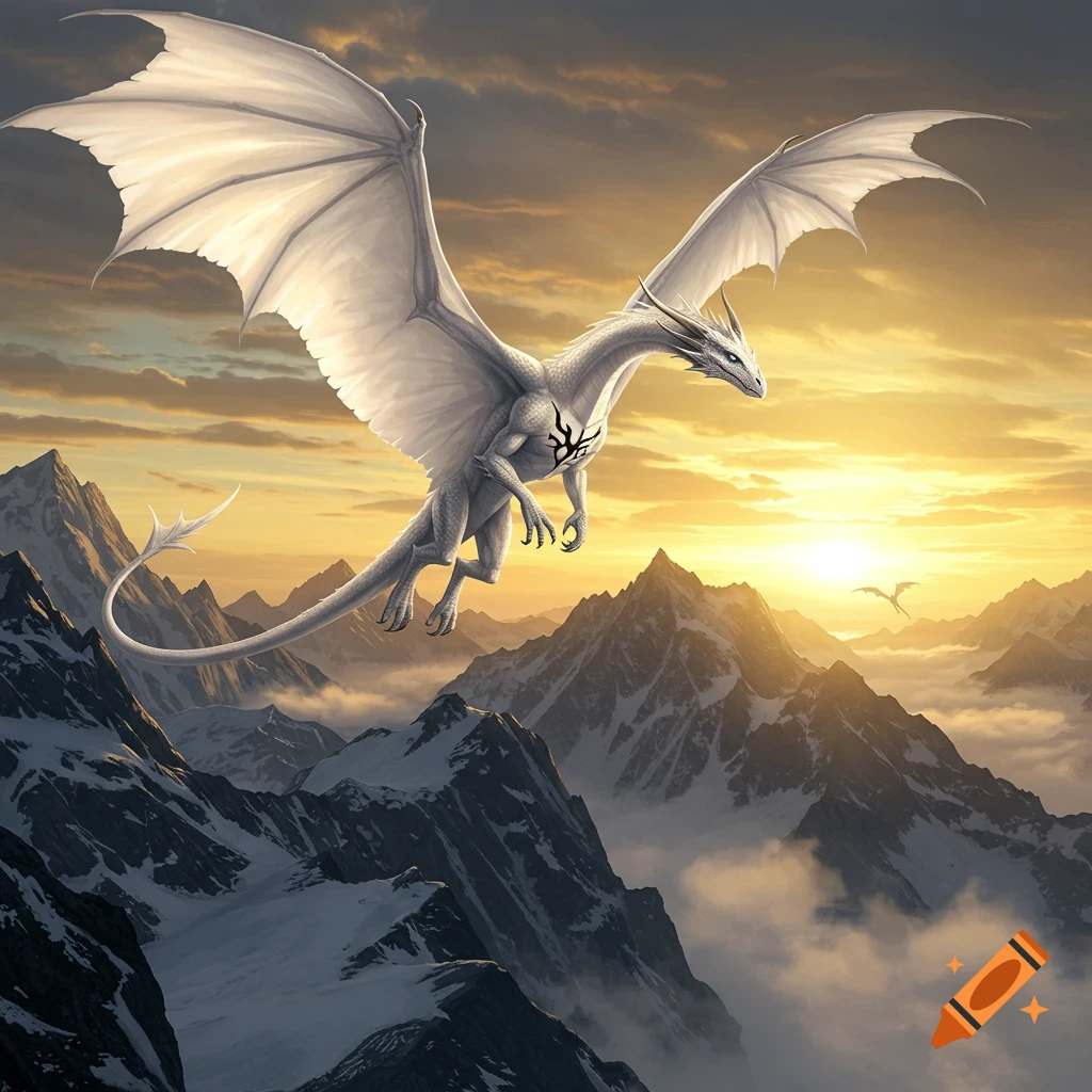 A majestic white dragon with a black mark on its chest flies over snow-capped mountains at sunset in a detailed fantasy art style.