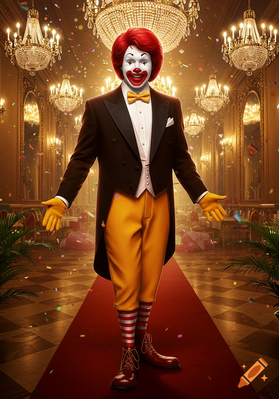 Photorealistic Ronald McDonald in a tuxedo and yellow pants on a red carpet in a grand ballroom with chandeliers and confetti.