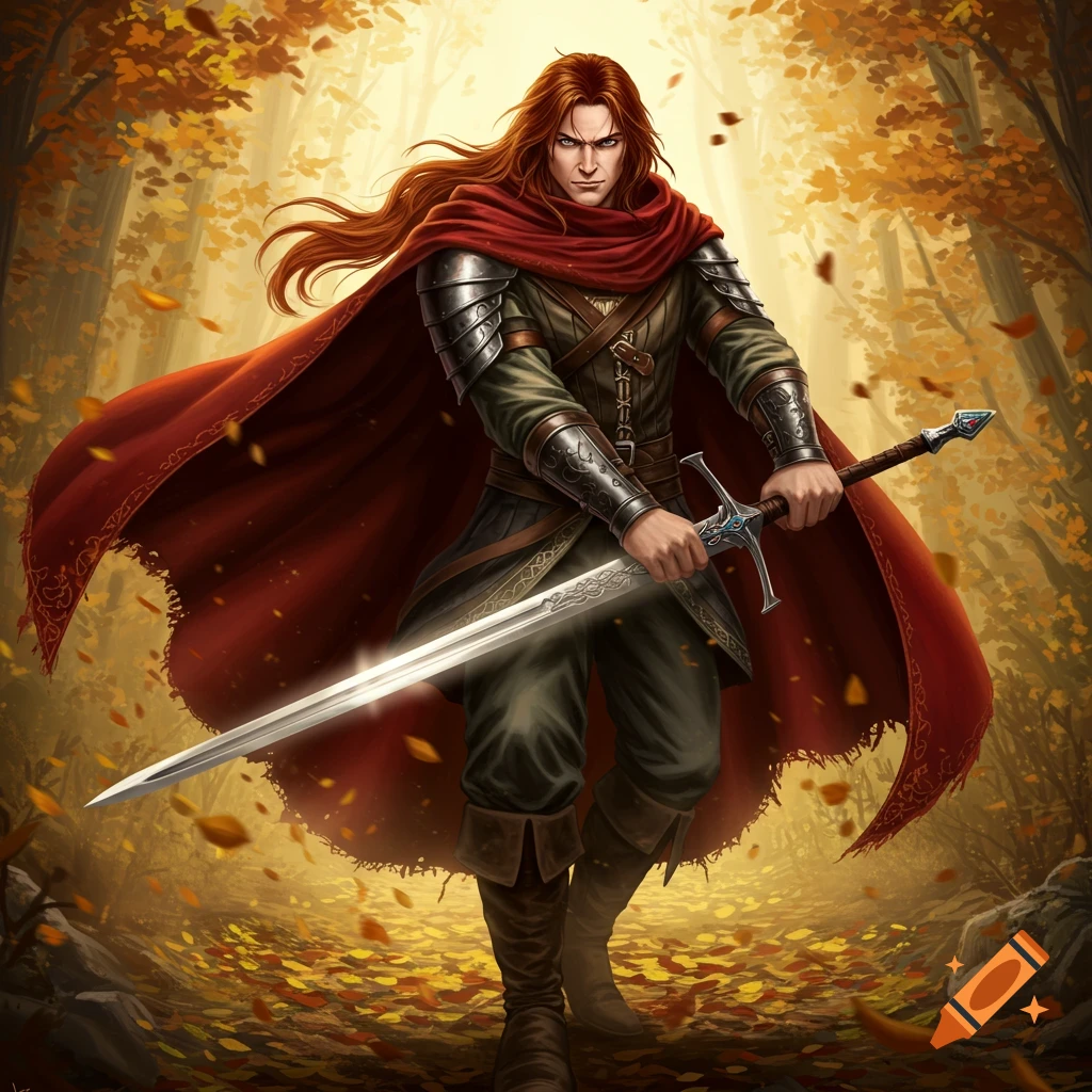 A red-haired fantasy warrior in armor and red cape stands in an autumn forest, holding a glowing longsword. Digital art.