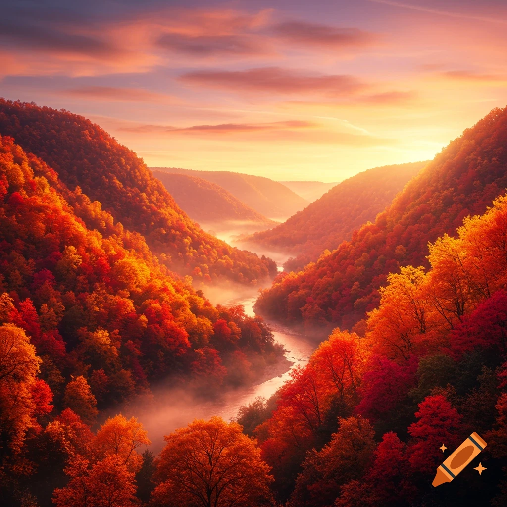A vibrant autumn landscape shows a river winding through a valley of red and orange trees under a colorful sunrise sky.