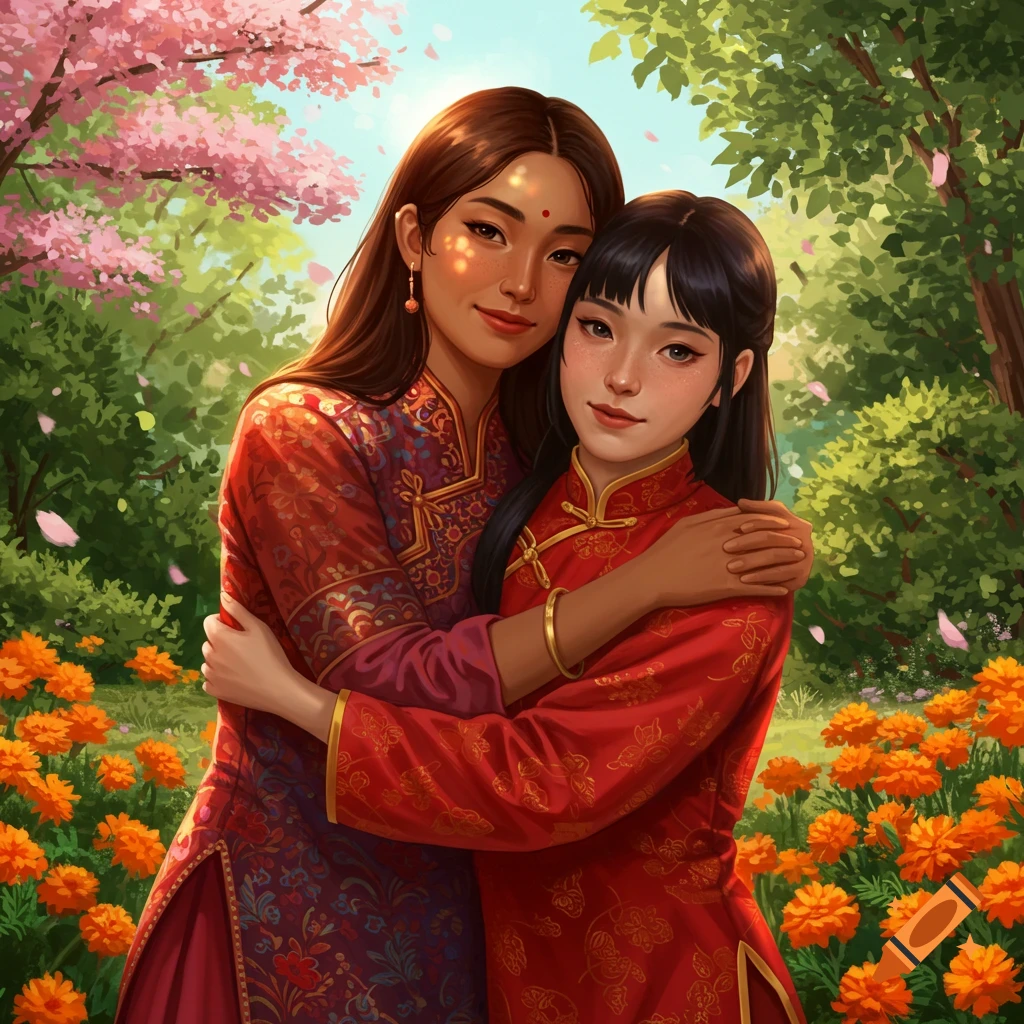 Two girls in traditional attire hug in a lush garden with cherry blossoms and marigolds, illustration.