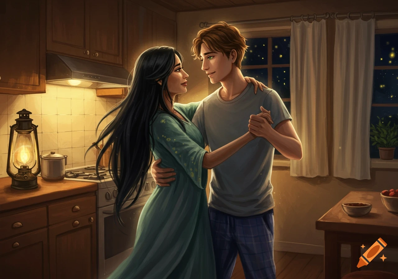 An ethereal woman with long black hair slow dances with a man in a cozy, warmly lit kitchen at night, rendered in a dreamy painterly style.