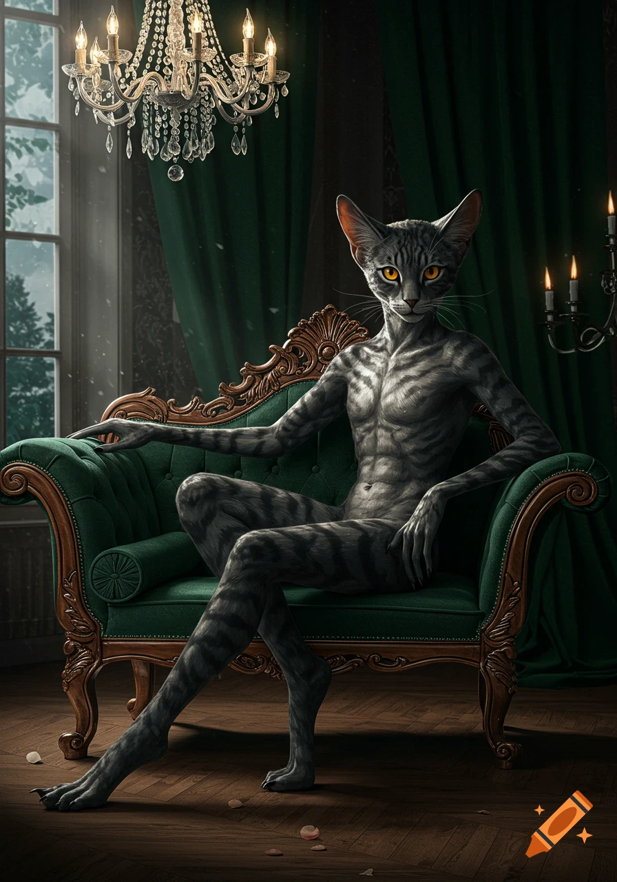 A photorealistic anthropomorphic cat with striped fur sits regally in a green armchair in an elegant room with a chandelier.