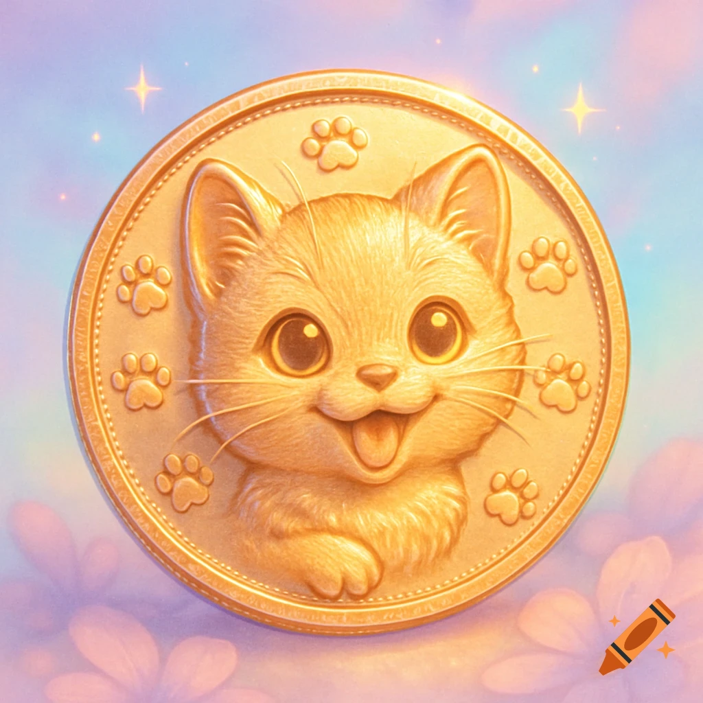 A golden coin featuring a cute, happy cat face surrounded by paw prints, set against a soft, sparkling pastel background.
