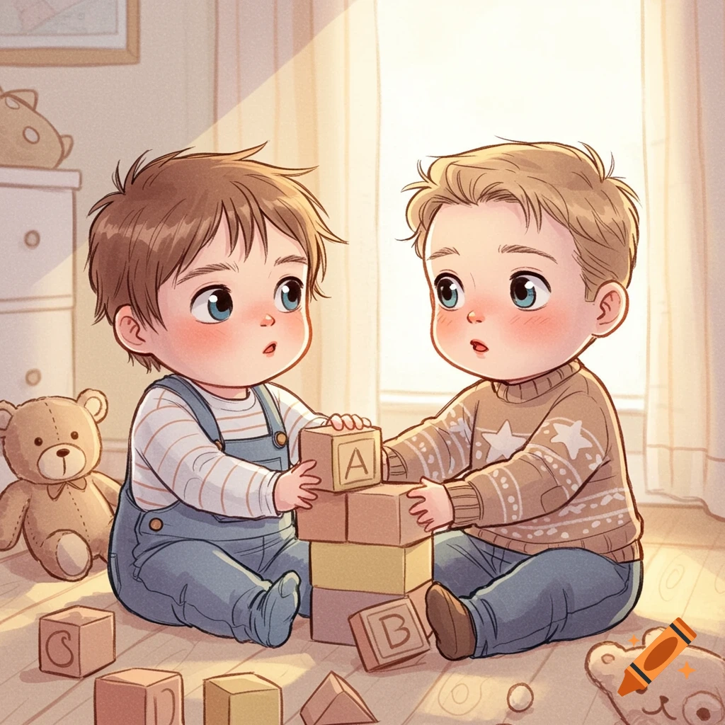 Two cute cartoon babies playing with alphabet building blocks on a wooden floor, in a bright, warm room.