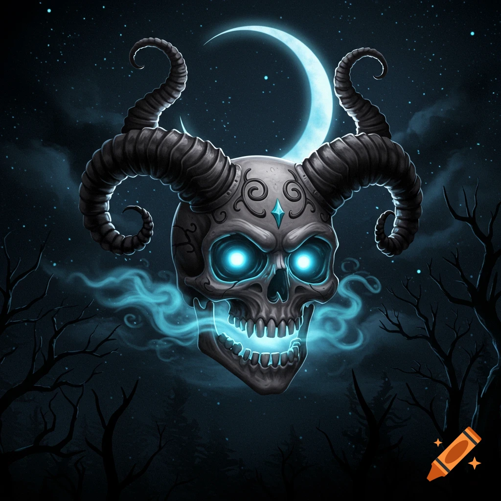 A stylized horned skull with glowing blue eyes and smoke, against a starry night with a crescent moon and bare trees. Dark art.
