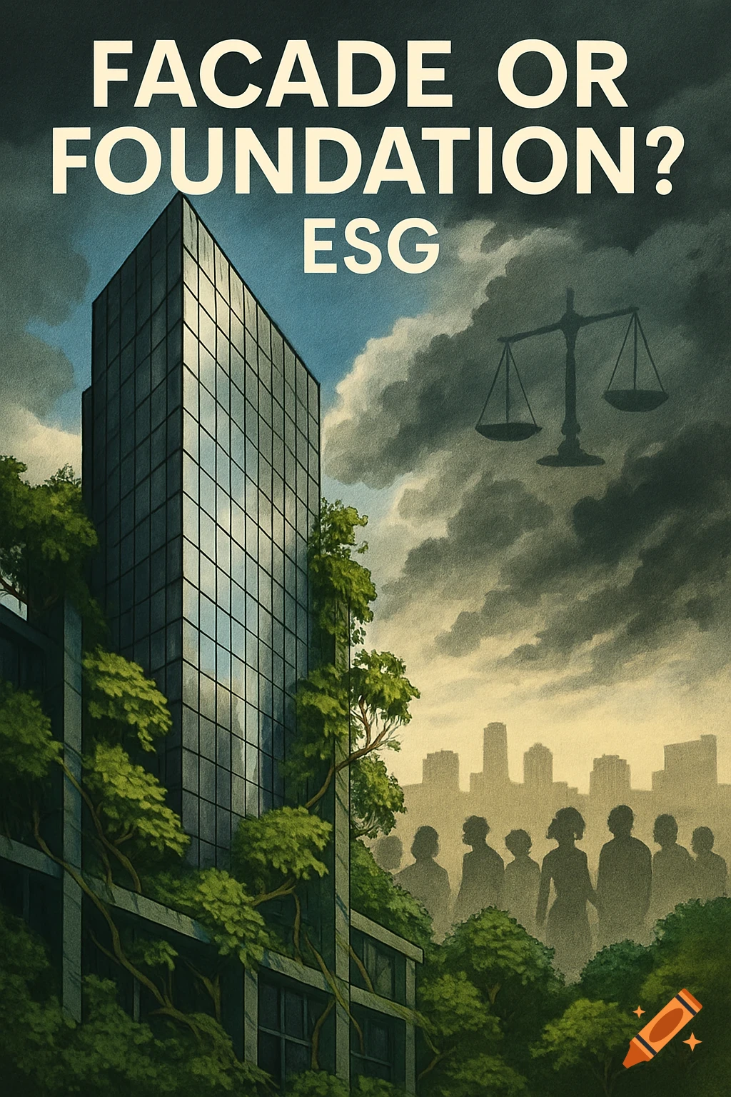 A tall glass building overgrown with foliage under a cloudy sky with a scale of justice, city silhouettes, and the text 'FACADE OR FOUNDATION? ESG'.