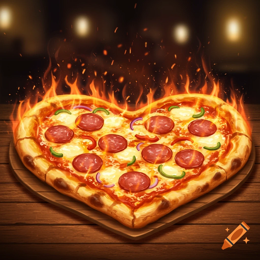 A heart-shaped pizza topped with pepperoni, peppers, and onions, engulfed in flames on a wooden surface.