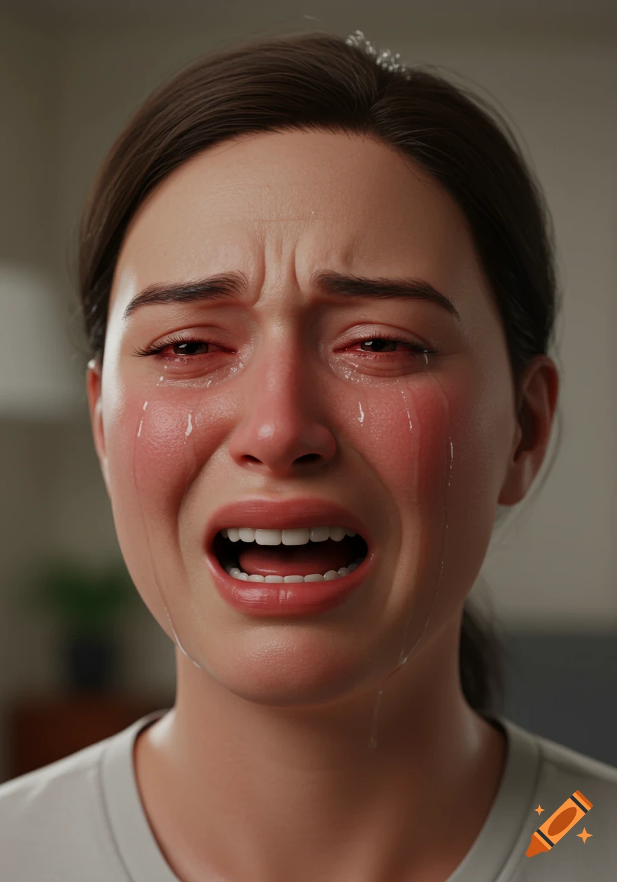 Close-up photorealistic portrait of a woman crying with red eyes and tears streaming down her face.