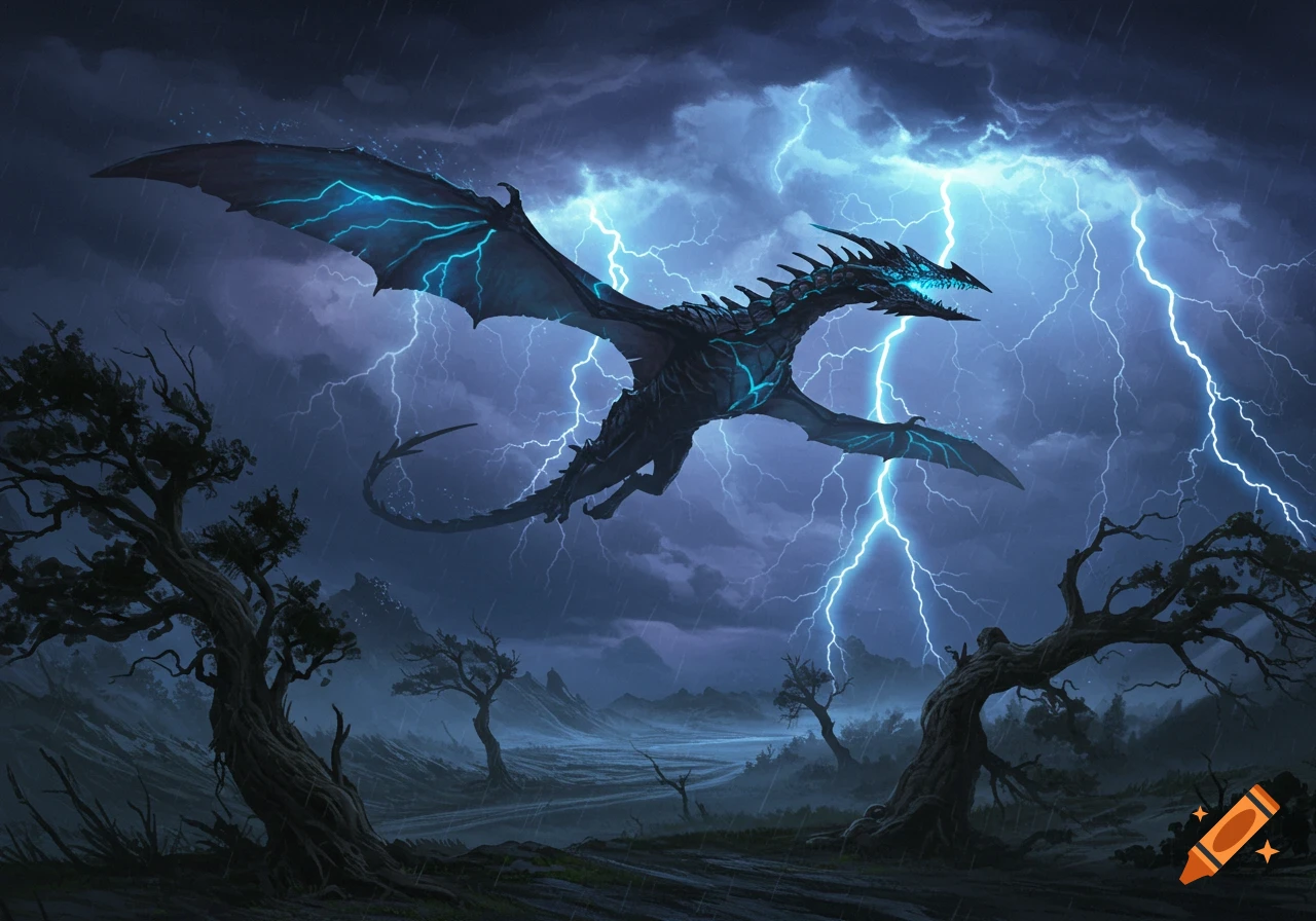 A black and blue glowing dragon flies through a dark, stormy sky with lightning over a barren landscape.
