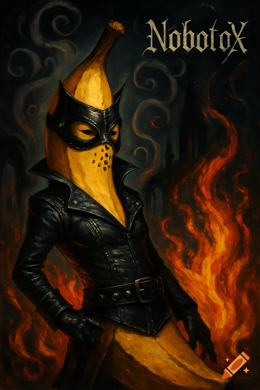 A surreal, gothic painting of a banana character in a leather mask and jacket, surrounded by flames, with 'NobotoX' text.