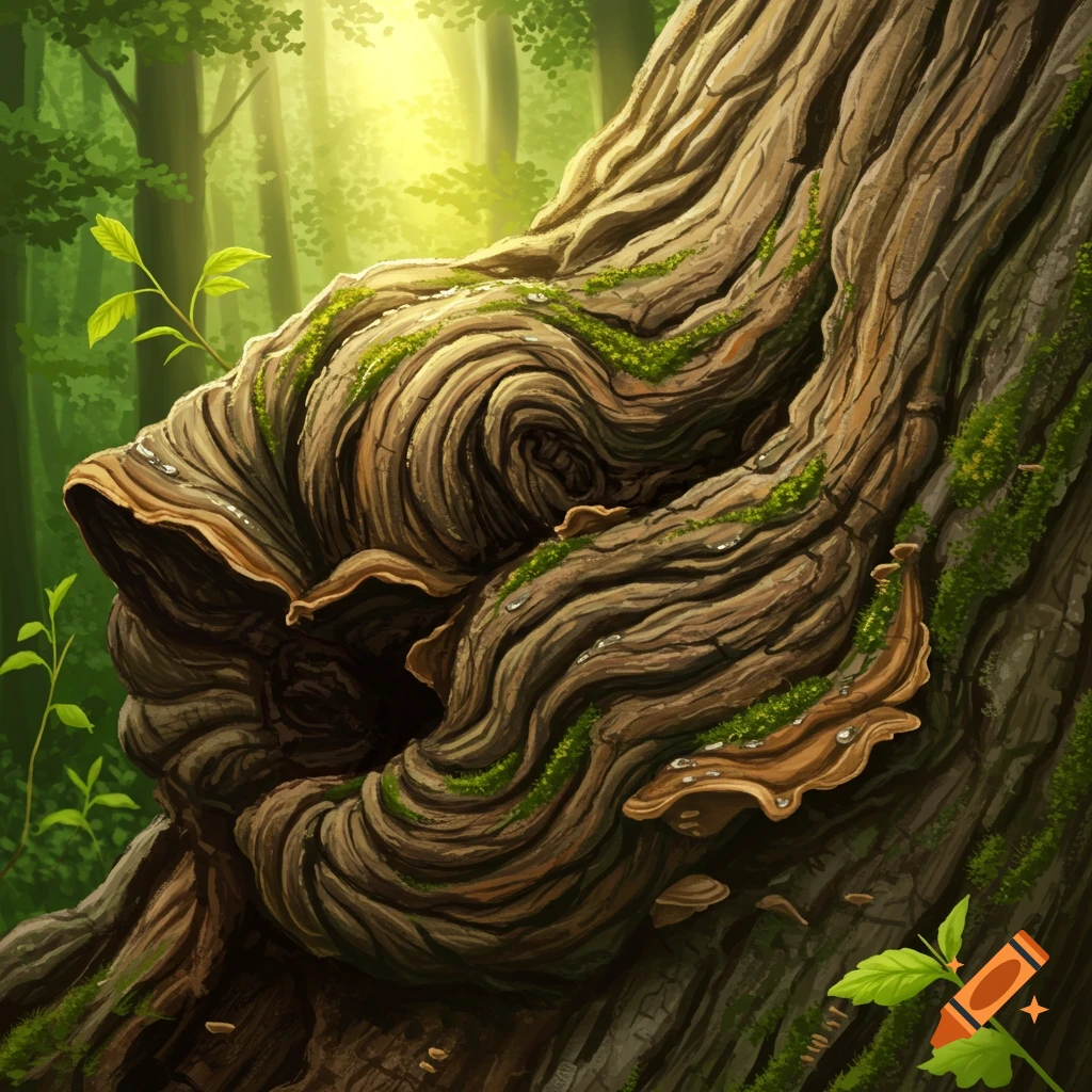 Close-up digital painting of a gnarled tree burl covered in green moss and mushrooms in a sunlit forest.