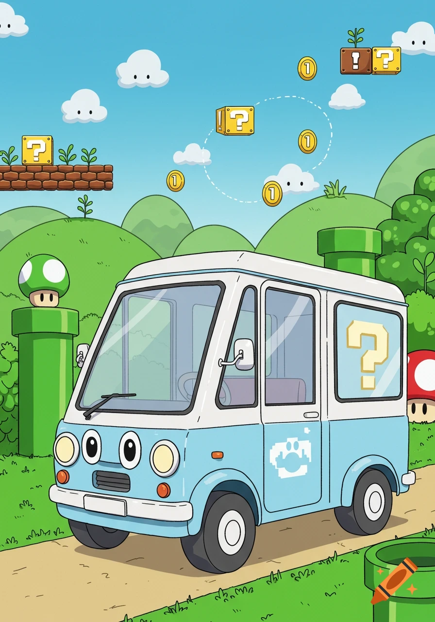 A cartoon blue and white van, resembling an English electric milk float, drives through a Super Mario Bros. level with green hills, pipes, and floating question mark blocks and coins.