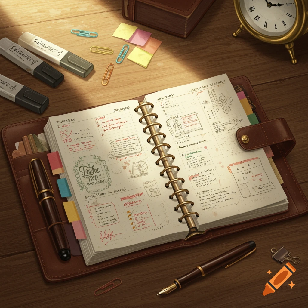 An open brown leather planner with handwritten notes, alongside pens, highlighters, sticky notes, and paper clips on a wooden desk with a clock.