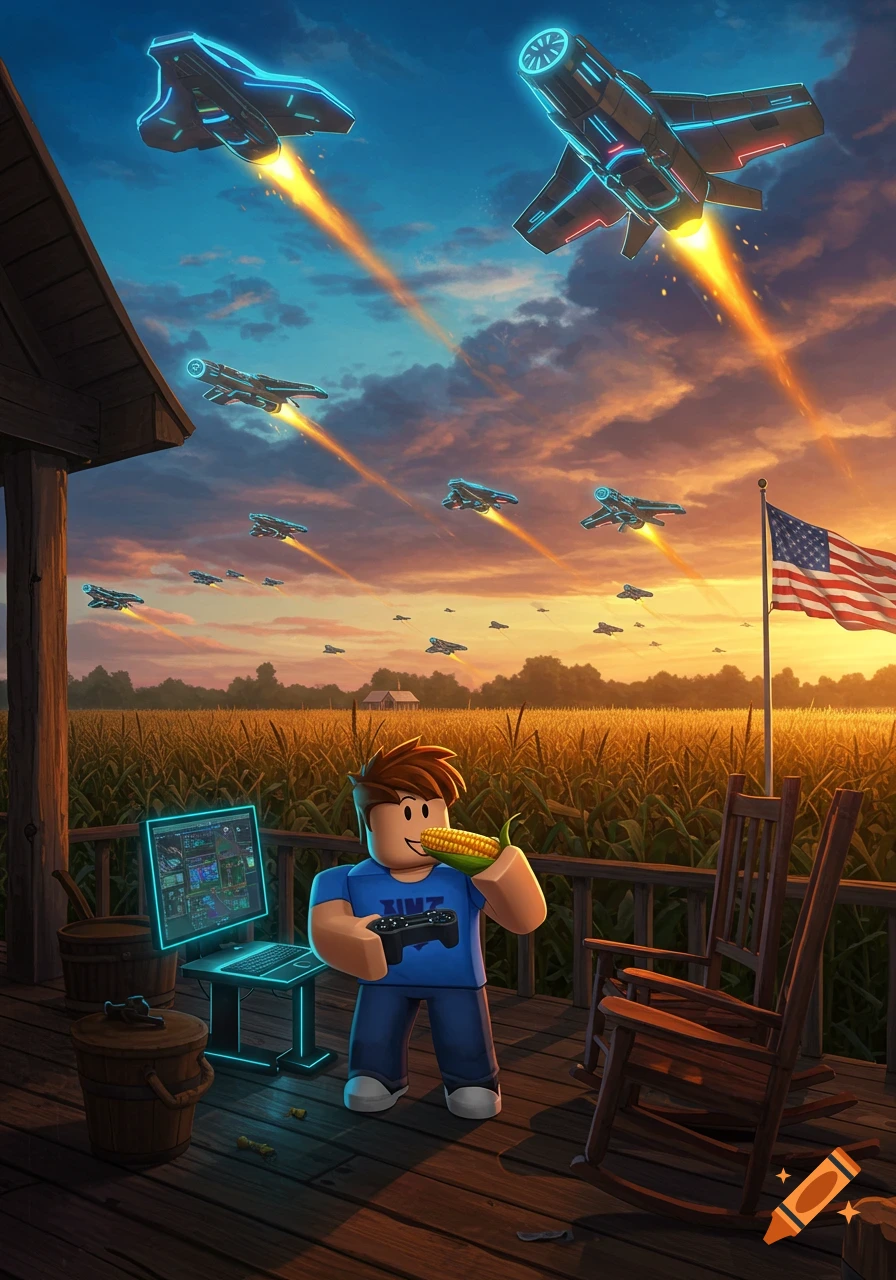 A Roblox-style character playing on a glowing computer and eating corn on a porch, while spaceships invade over a cornfield with an American flag.