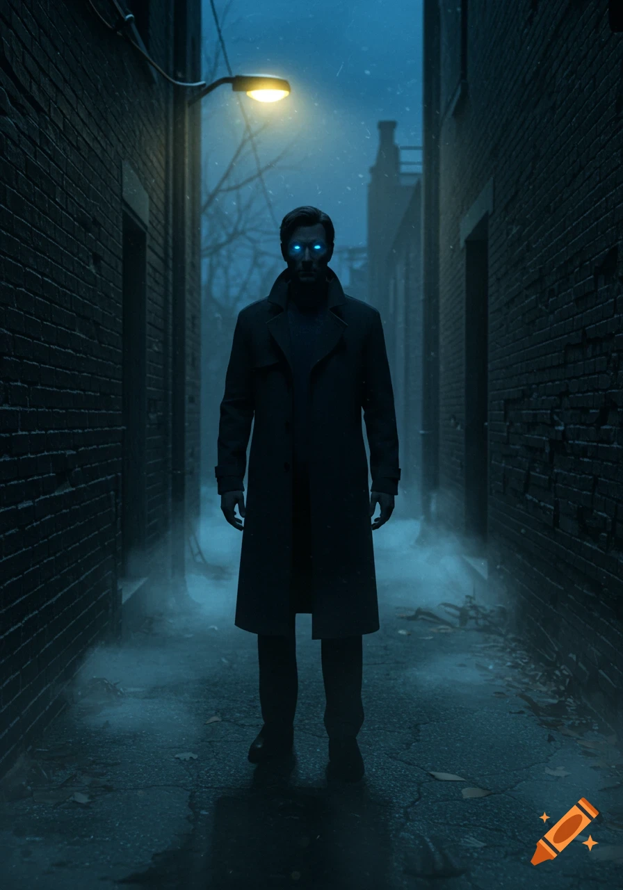 A man with glowing blue eyes stands ominously in a dark, misty alleyway under a lone street lamp, in a photorealistic style.