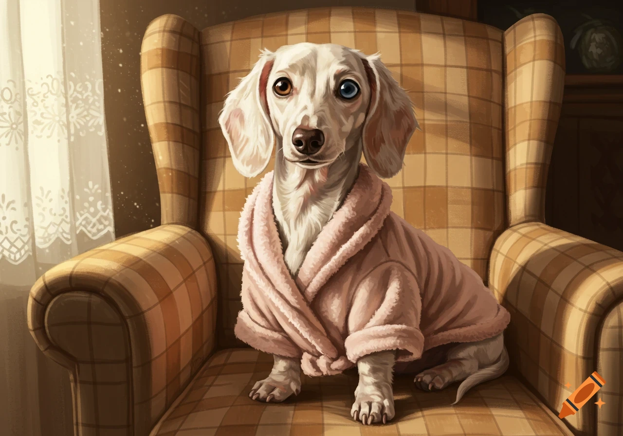 A white dachshund dog wearing a pink bathrobe sits on a plaid armchair. It has heterochromatic eyes.
