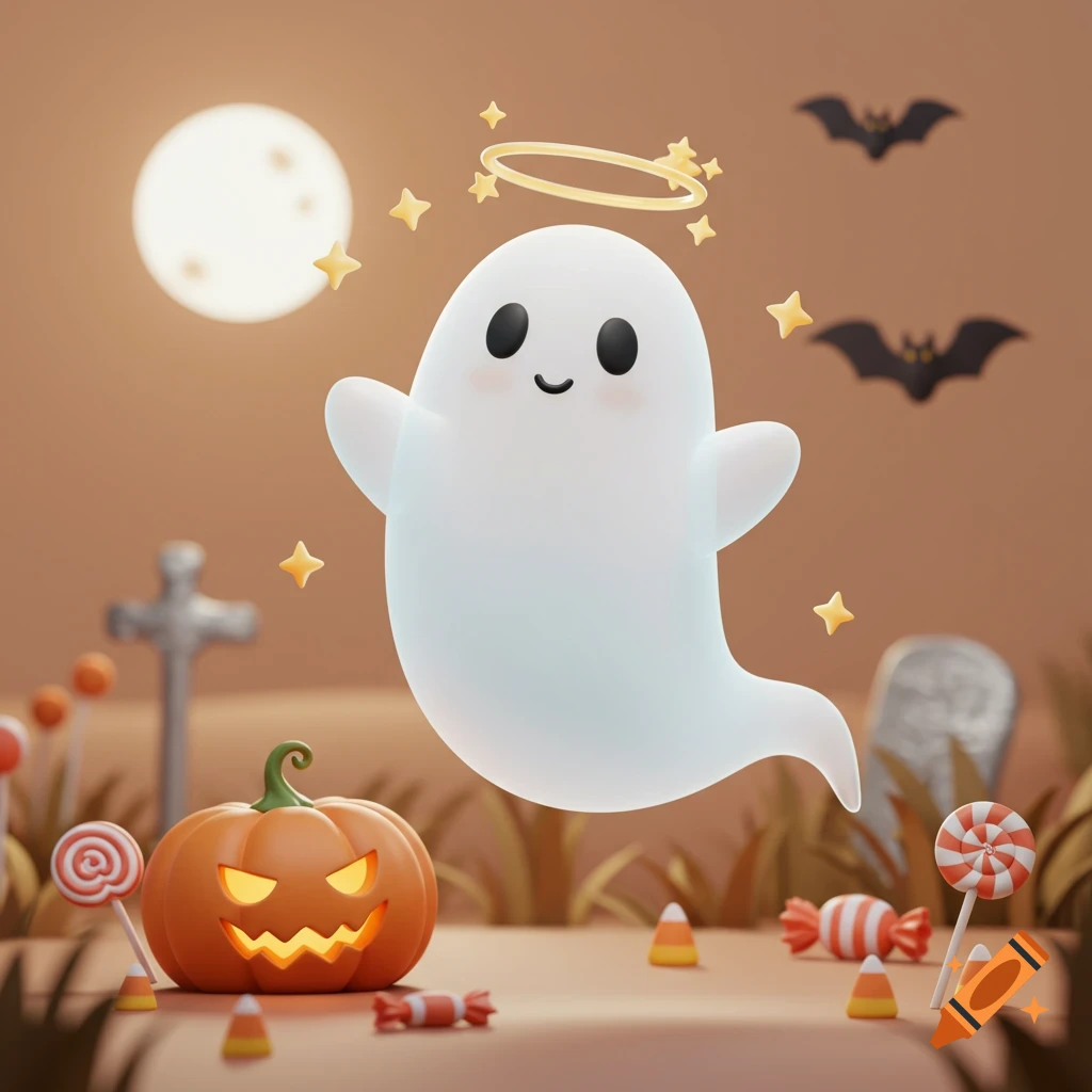 A cute cartoon ghost with a halo floats above a glowing jack-o'-lantern, candy, and tombstone in a Halloween scene.