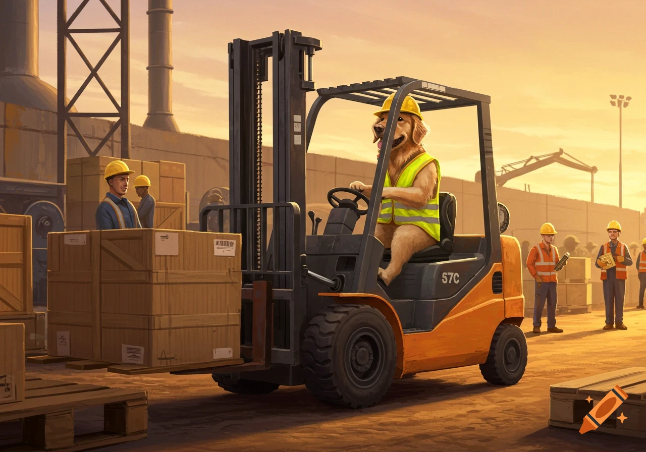 A golden retriever in a hard hat and safety vest drives a forklift in an industrial setting, moving crates.