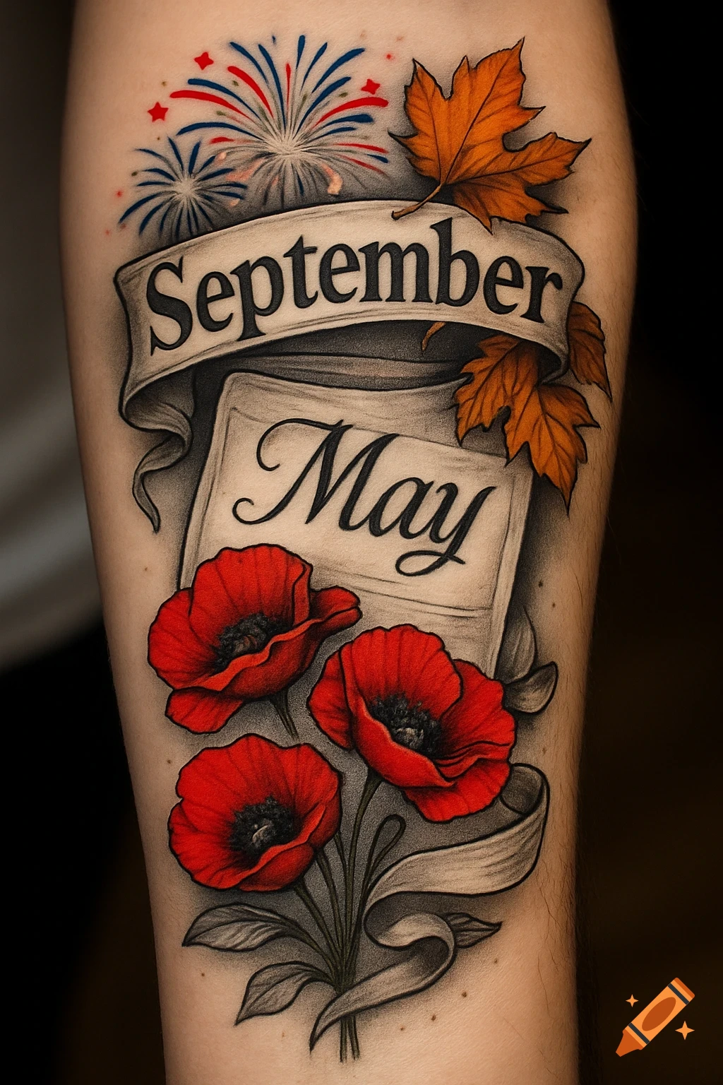 Illustrative tattoo on an arm with 'September' banner, 'May' scroll, red poppies, autumn leaves, and fireworks.