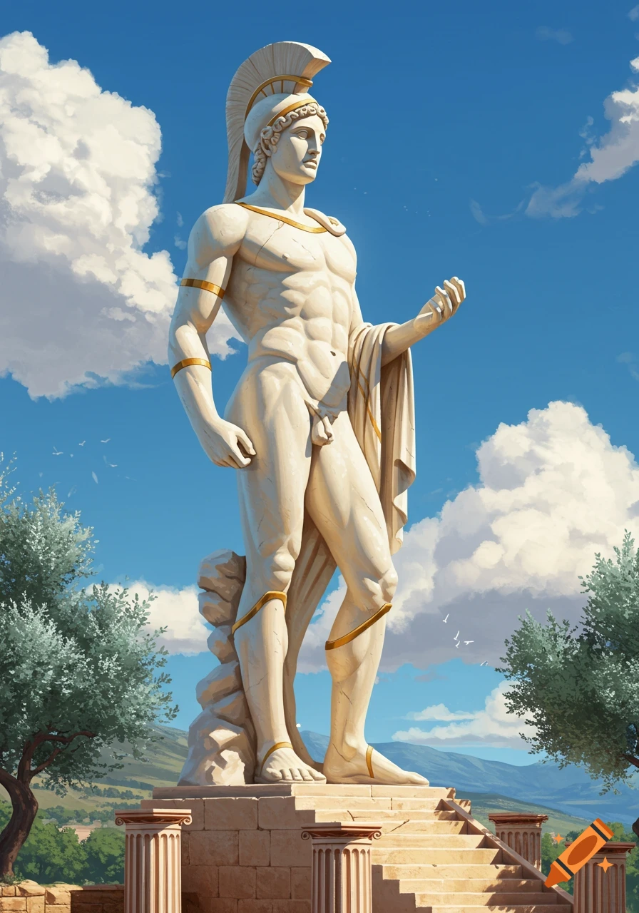 A white marble Greek statue of a male figure in a helmet, standing on a pedestal under a blue sky with clouds and olive trees.