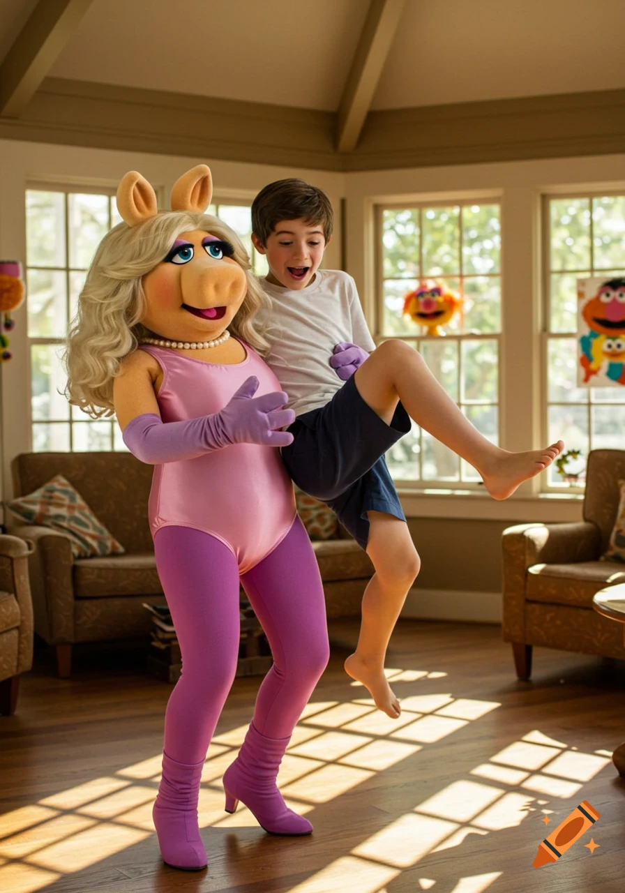 Miss Piggy, dressed in a pink leotard and purple tights, playfully lifts a young boy in a white t-shirt and blue shorts, indoors.