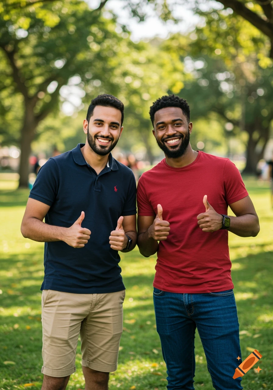 Two smiling men, one in a blue polo and one in a red t-shirt, give thumbs up in a green park.