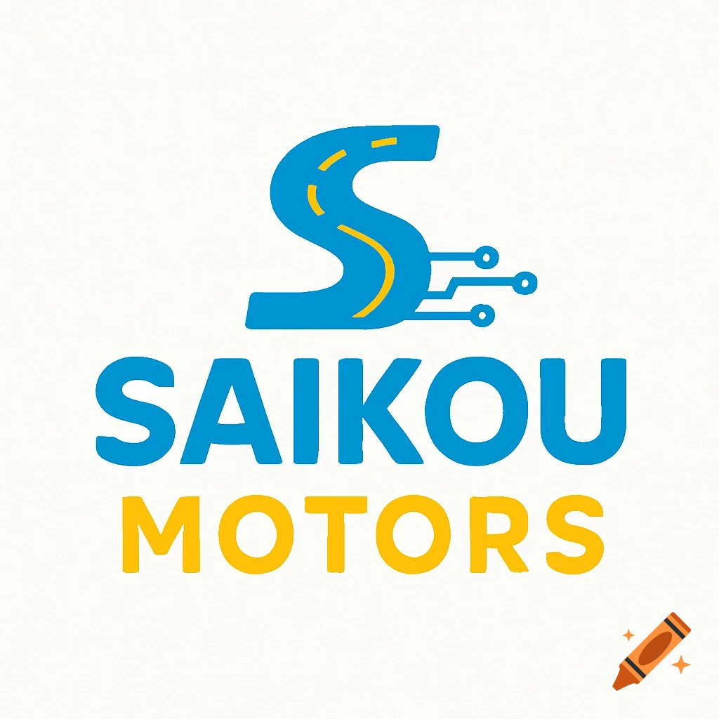 A logo for Saikou Motors featuring a stylized blue letter S shaped like a winding road with yellow dashed lines, and circuit board lines extending from it. Below, the word "SAIKOU" is in blue capital letters, and "MOTORS" is in yellow capital letters.