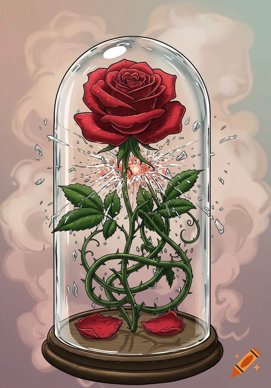 A vibrant red rose with thorny vines inside a glass dome, which is shattering into pieces. Illustrative tattoo style.