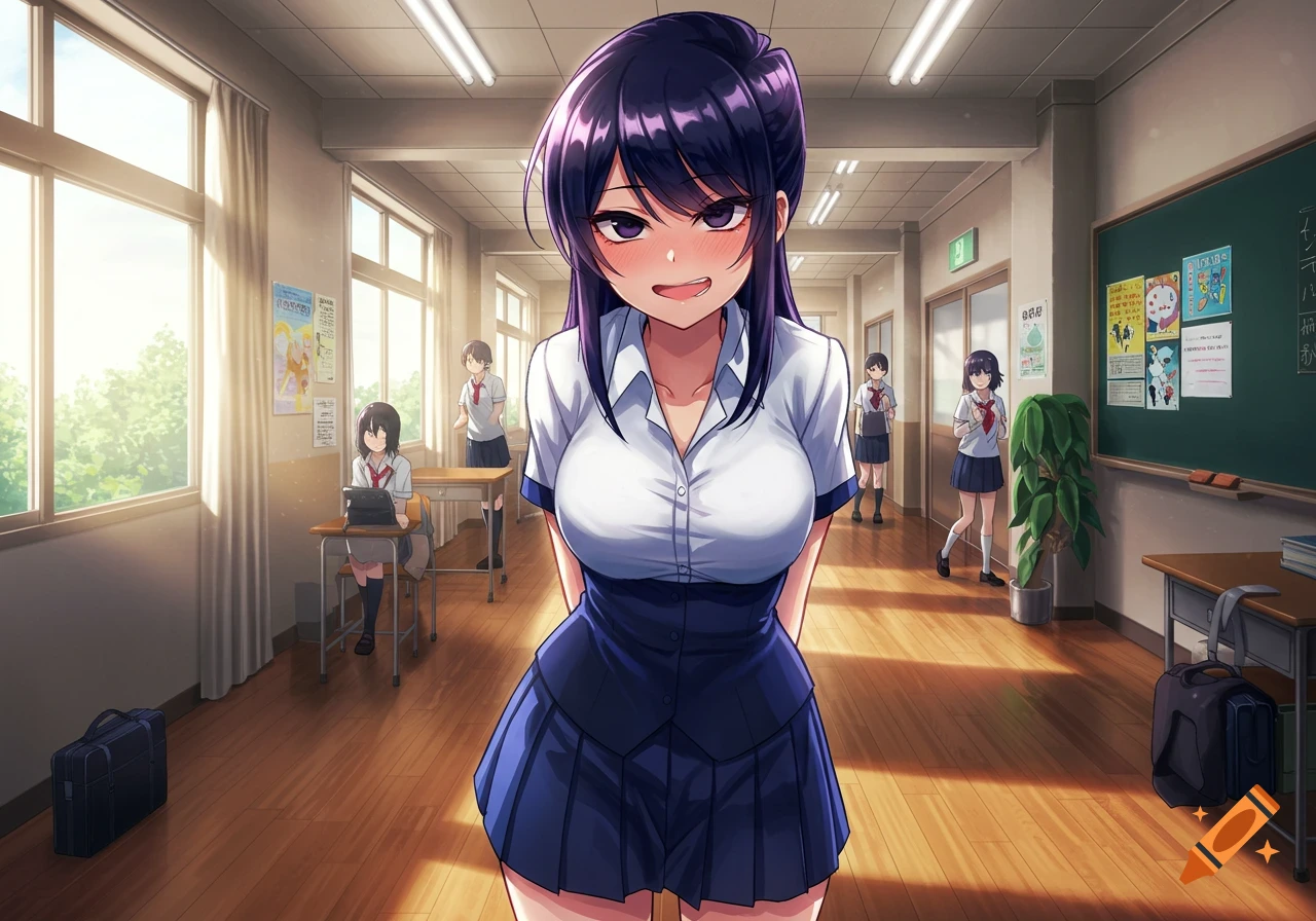 An anime girl with dark purple hair and a school uniform stands in a brightly lit classroom, with other students in the background.