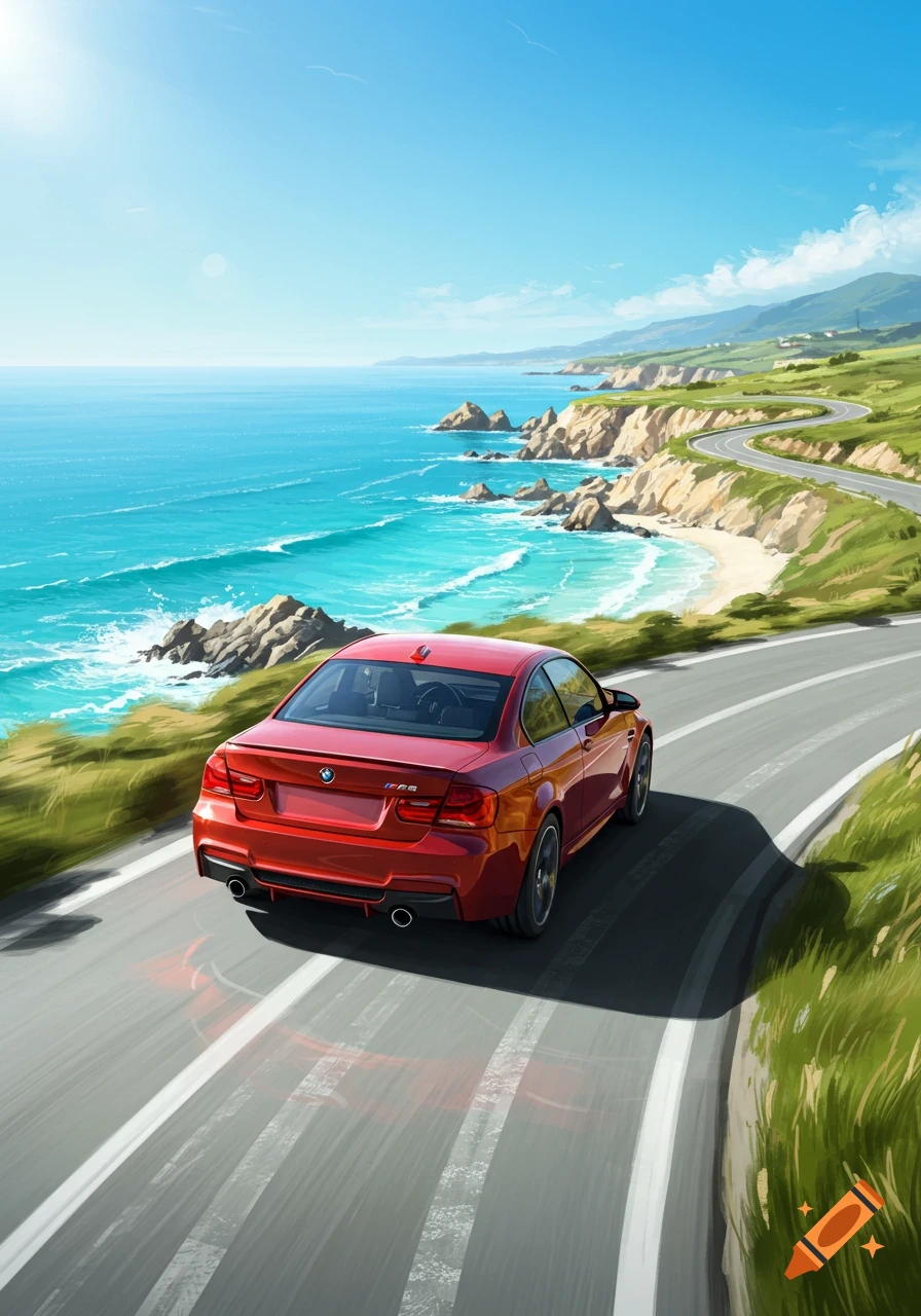 A red BMW sports car drives on a winding coastal road next to a turquoise ocean and green cliffs, in a vibrant digital art style.