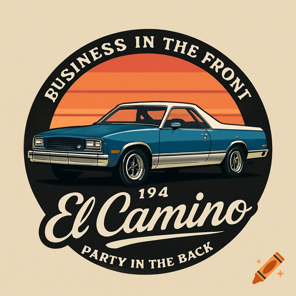 A vintage style logo features a blue El Camino with a white top and undercarriage, set against an orange sunset. Text reads 'Business in the front', '194 El Camino', and 'Party in the back'.